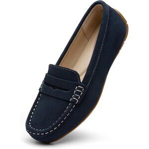 Kordal Women's Navy Suede Gold Accent Buckle Slip-Ons Walking Flats Loafers